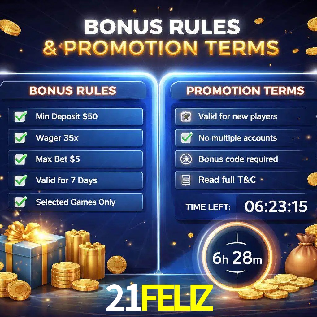 Reglas de promoción 21FELIZ y condiciones de bonos explicadas visualmente
