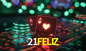 Escena dinámica inspirada en casino con iluminación 21FELIZ, cartas, fichas e íconos de juegos digitales en un espacio moderno de juegos.
