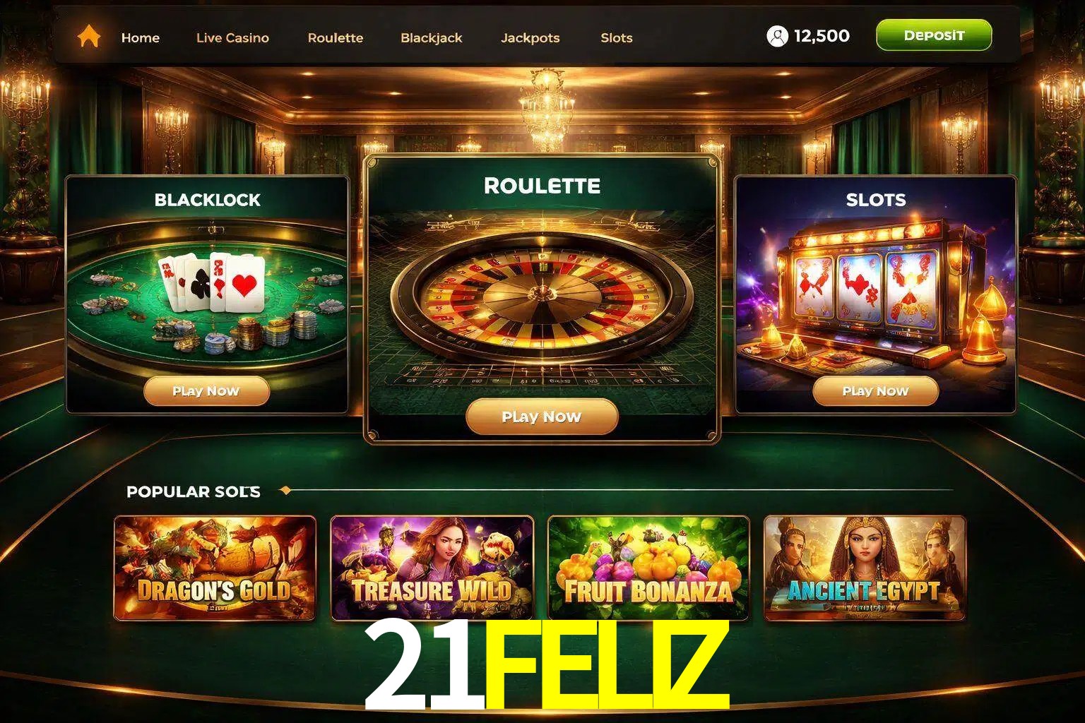 Vista de la plataforma 21FELIZ Casino mostrando categorías organizadas de juegos en línea