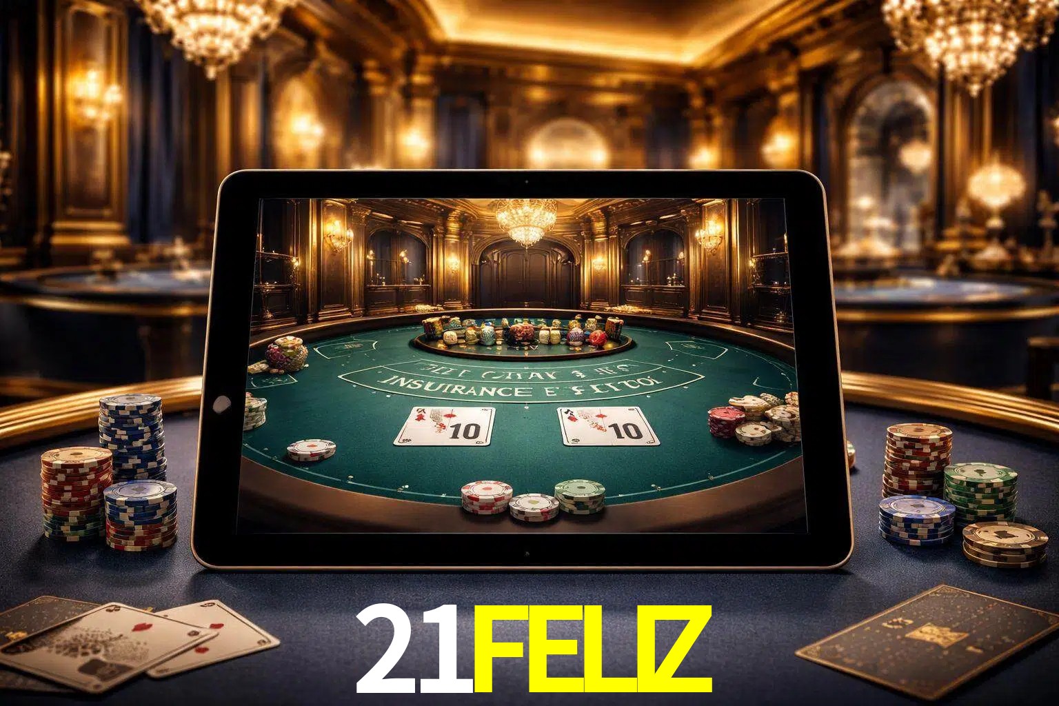 Configuración moderna de casino en vivo con una tableta mostrando una mesa de blackjack, luces cálidas de estudio y una atmósfera elegante de juegos digitales.