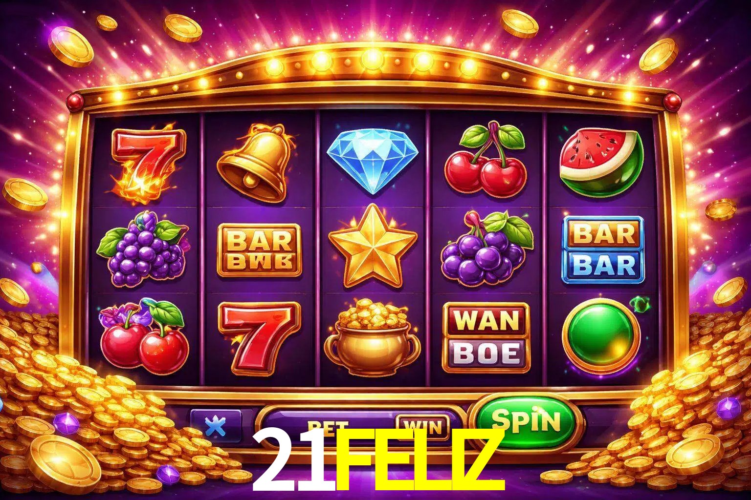 Una interfaz colorida de tragamonedas en línea con símbolos brillantes, monedas y un efecto de victoria celebratoria en 21FELIZ.