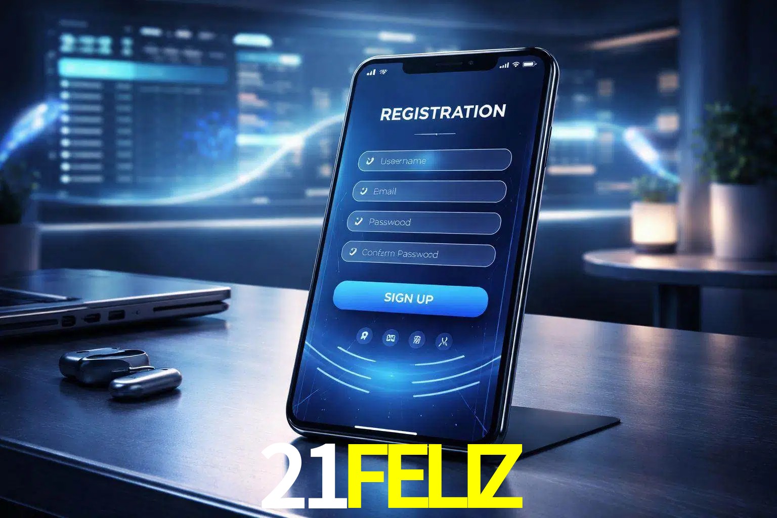 Una interfaz moderna de registro móvil para 21FELIZ mostrada en un smartphone con un panel de apuestas elegante.